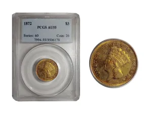 1872 Indian Princess Head $3 Gold AU-55 (PCGS) - $15K APR Value w/ CoA!