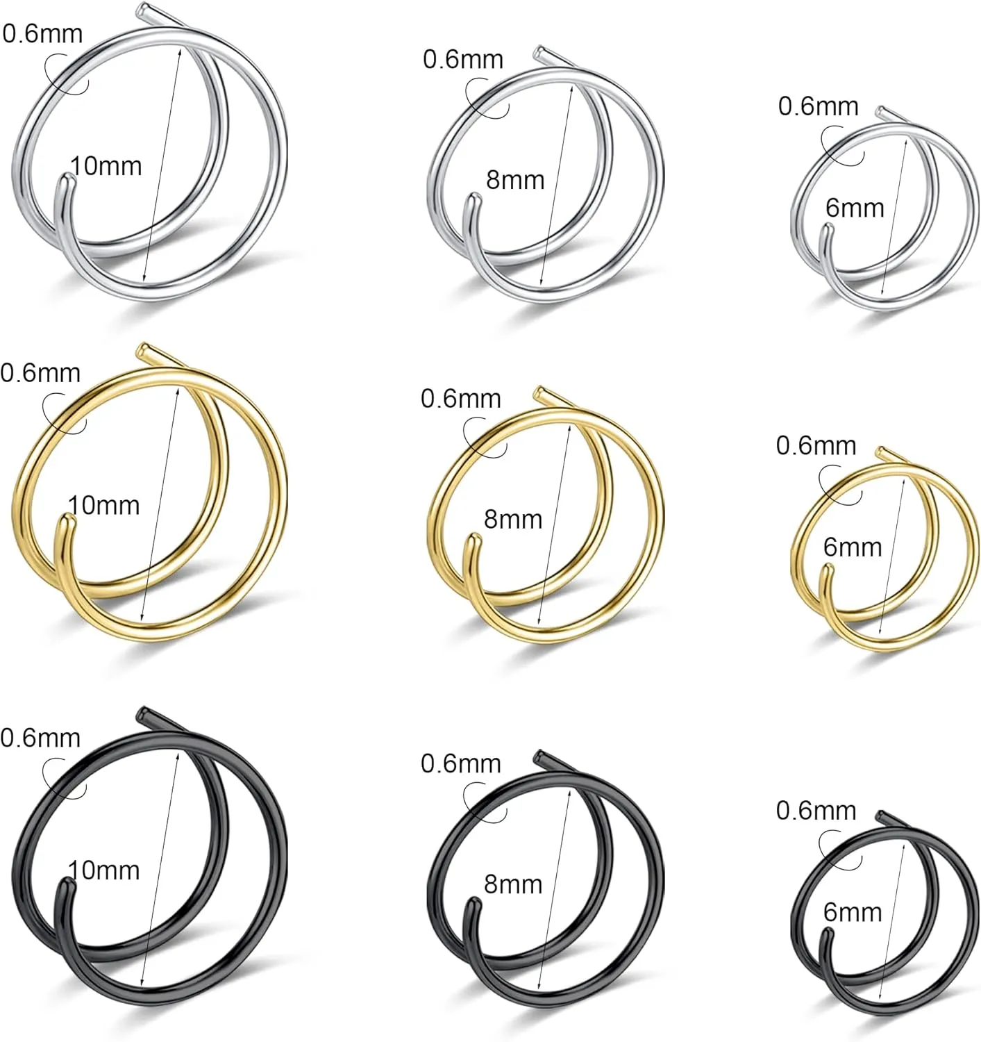 18G/20G/22G Stainless Steel Hoop Nose Ring Cartilage Earring for Women Men Softened Double Hoop Nose Ring for Single Piercing Bendable Tragus Helix Piercing Lip Septum Ring
