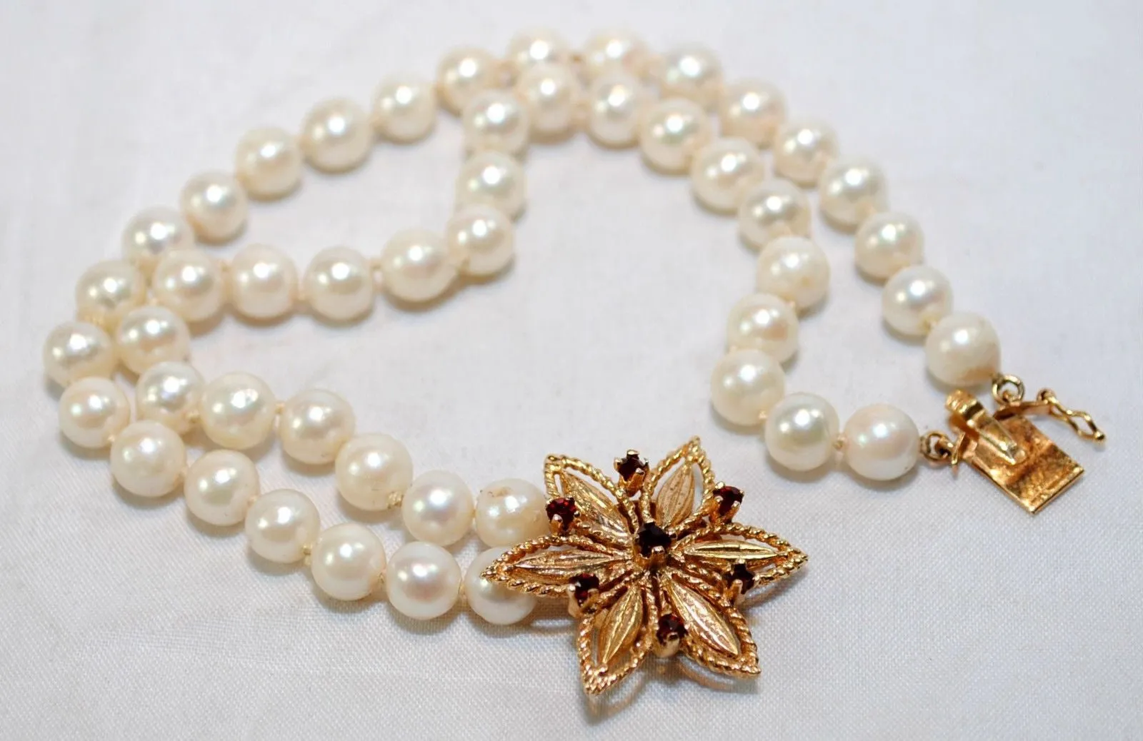 1950s Vintage Designer Double Strand Pearl Bracelet with Garnet and 14K Yellow Gold Clasp - $3K VALUE