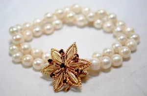 1950s Vintage Designer Double Strand Pearl Bracelet with Garnet and 14K Yellow Gold Clasp - $3K VALUE