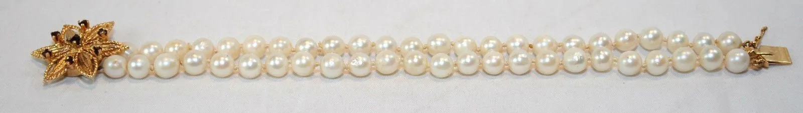 1950s Vintage Designer Double Strand Pearl Bracelet with Garnet and 14K Yellow Gold Clasp - $3K VALUE