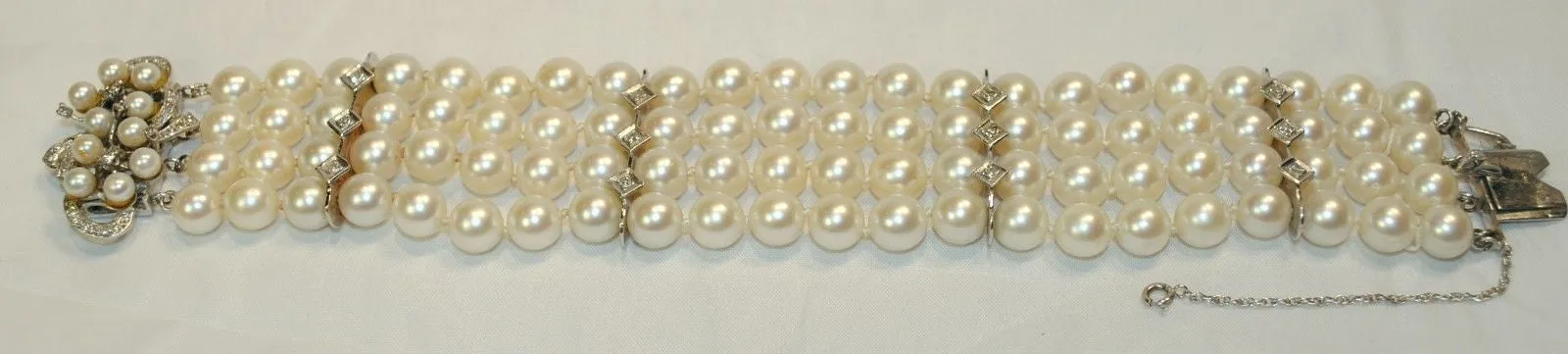 1950s Vintage Four Strand Saltwater 9 mm Pearl Bracelet with Diamonds - $25K VALUE