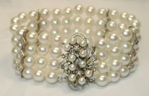 1950s Vintage Four Strand Saltwater 9 mm Pearl Bracelet with Diamonds - $25K VALUE