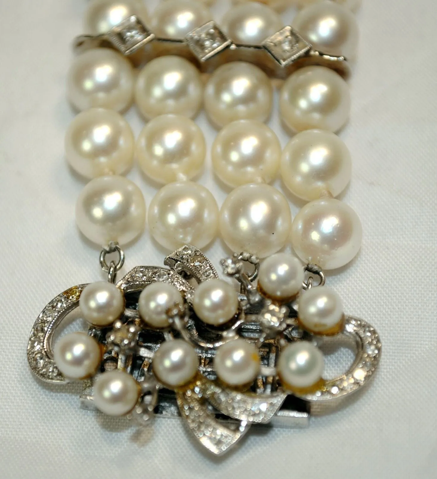 1950s Vintage Four Strand Saltwater 9 mm Pearl Bracelet with Diamonds - $25K VALUE