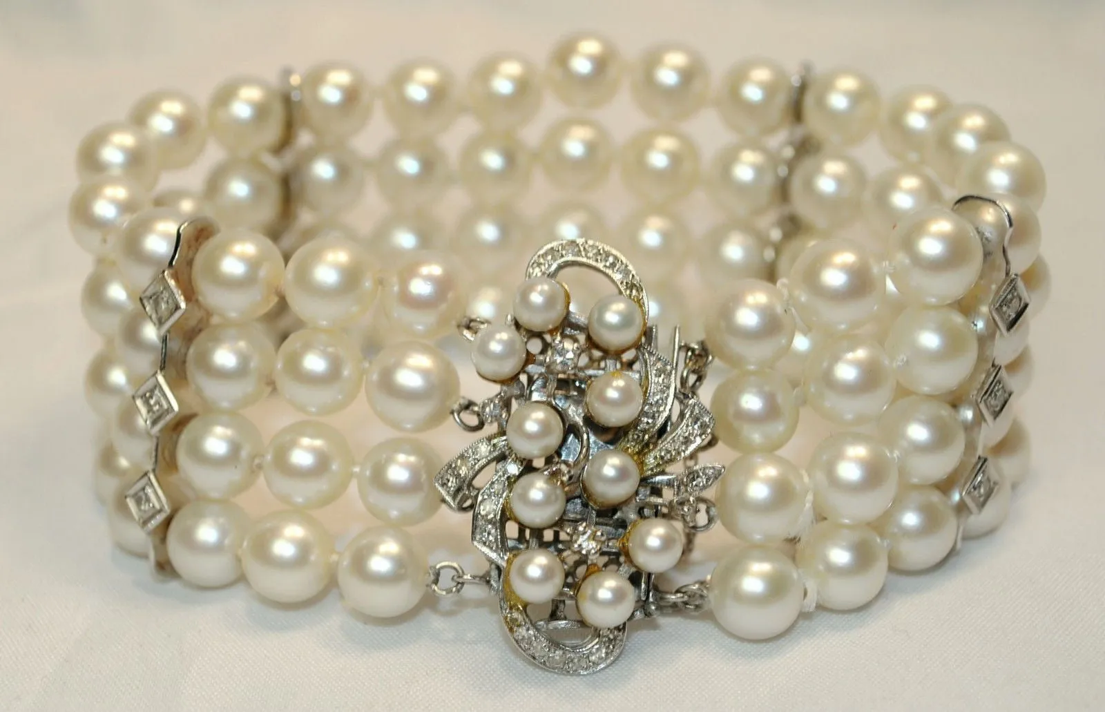 1950s Vintage Four Strand Saltwater 9 mm Pearl Bracelet with Diamonds - $25K VALUE