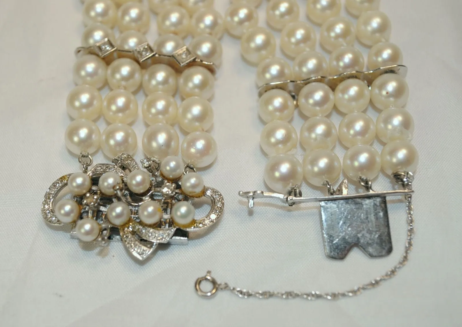 1950s Vintage Four Strand Saltwater 9 mm Pearl Bracelet with Diamonds - $25K VALUE