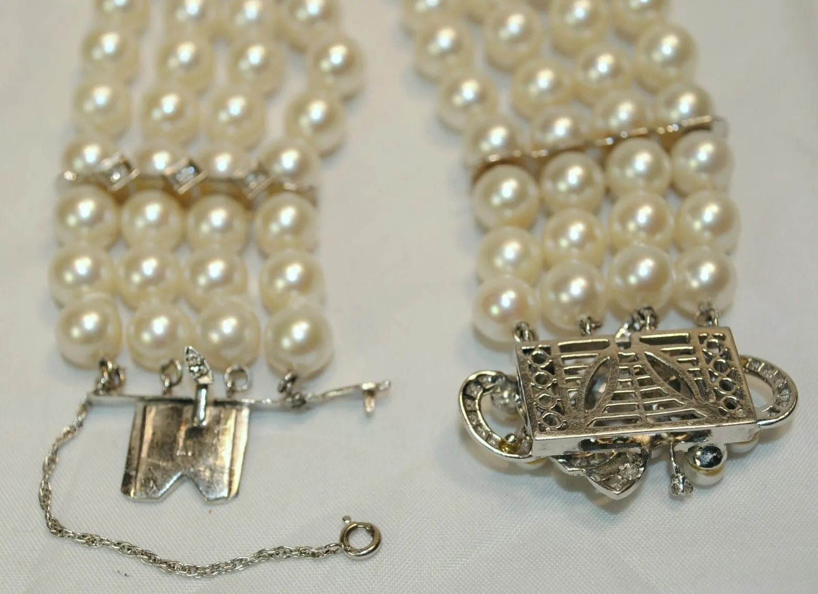 1950s Vintage Four Strand Saltwater 9 mm Pearl Bracelet with Diamonds - $25K VALUE