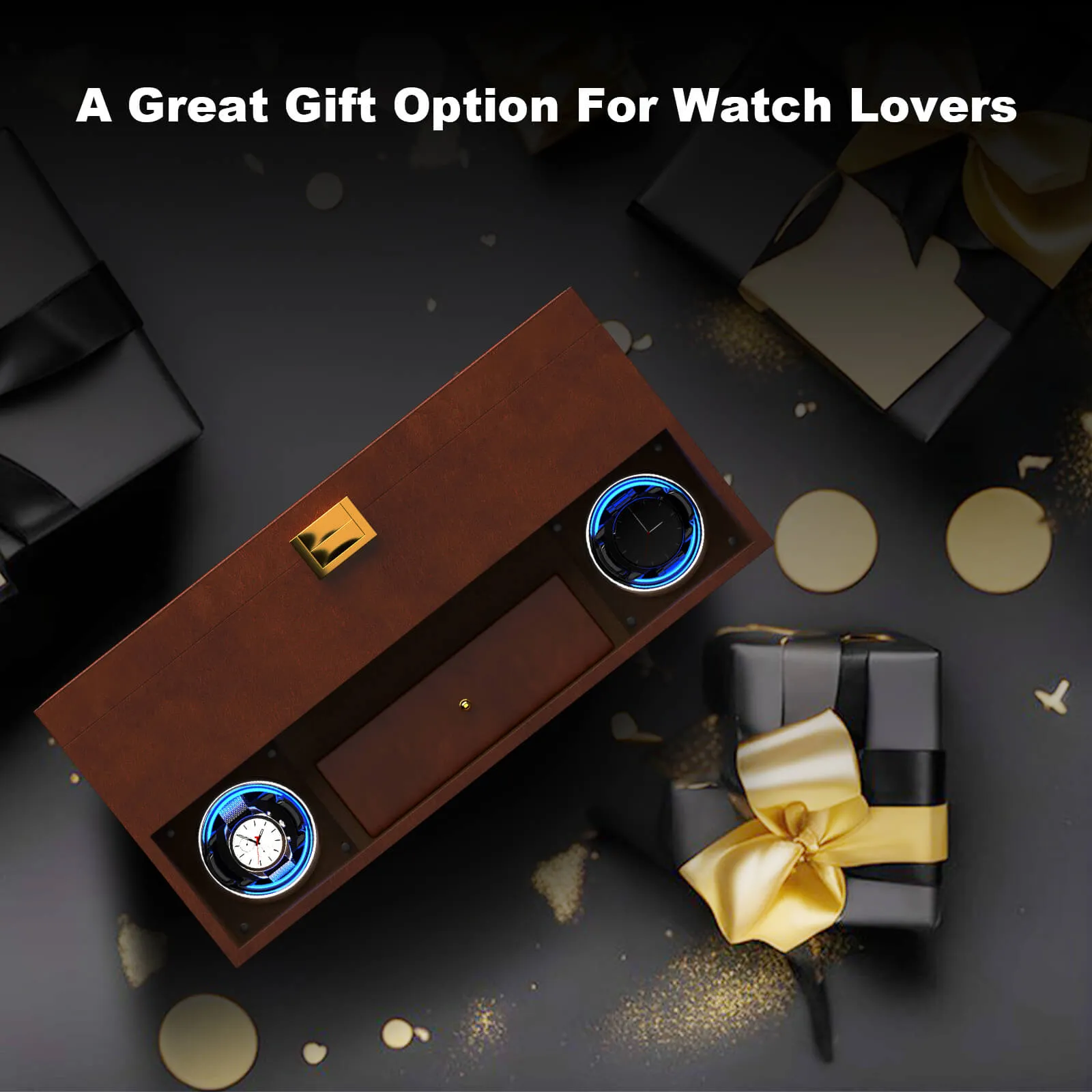 2 Watch Winder for Automatic Watches with 16 Extra Organizer Box LED Light Quiet Motors - Brown