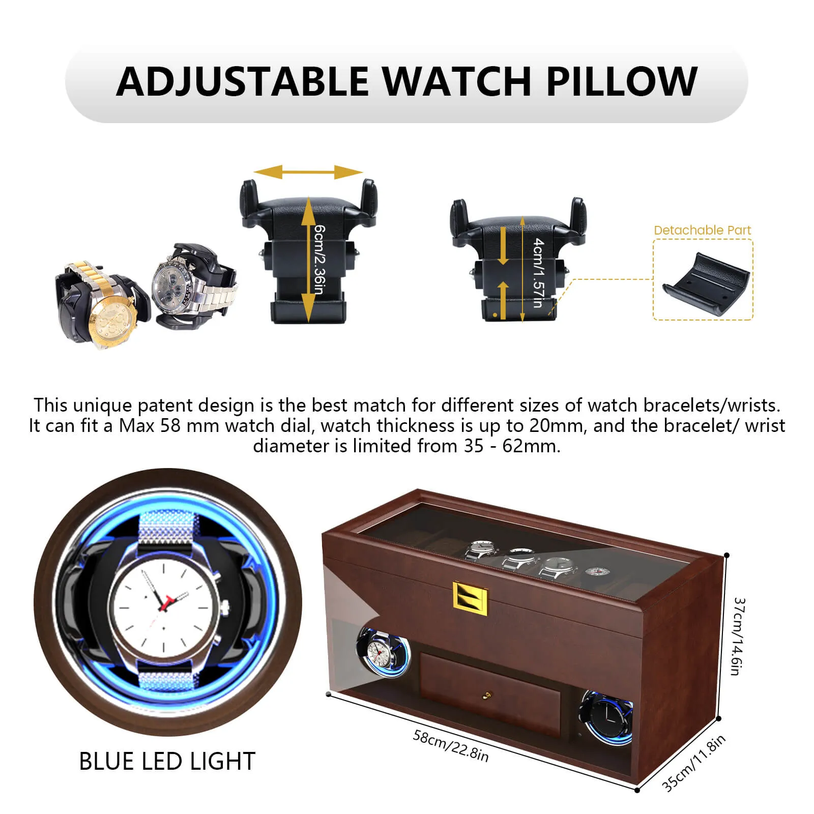 2 Watch Winder for Automatic Watches with 16 Extra Organizer Box LED Light Quiet Motors - Brown
