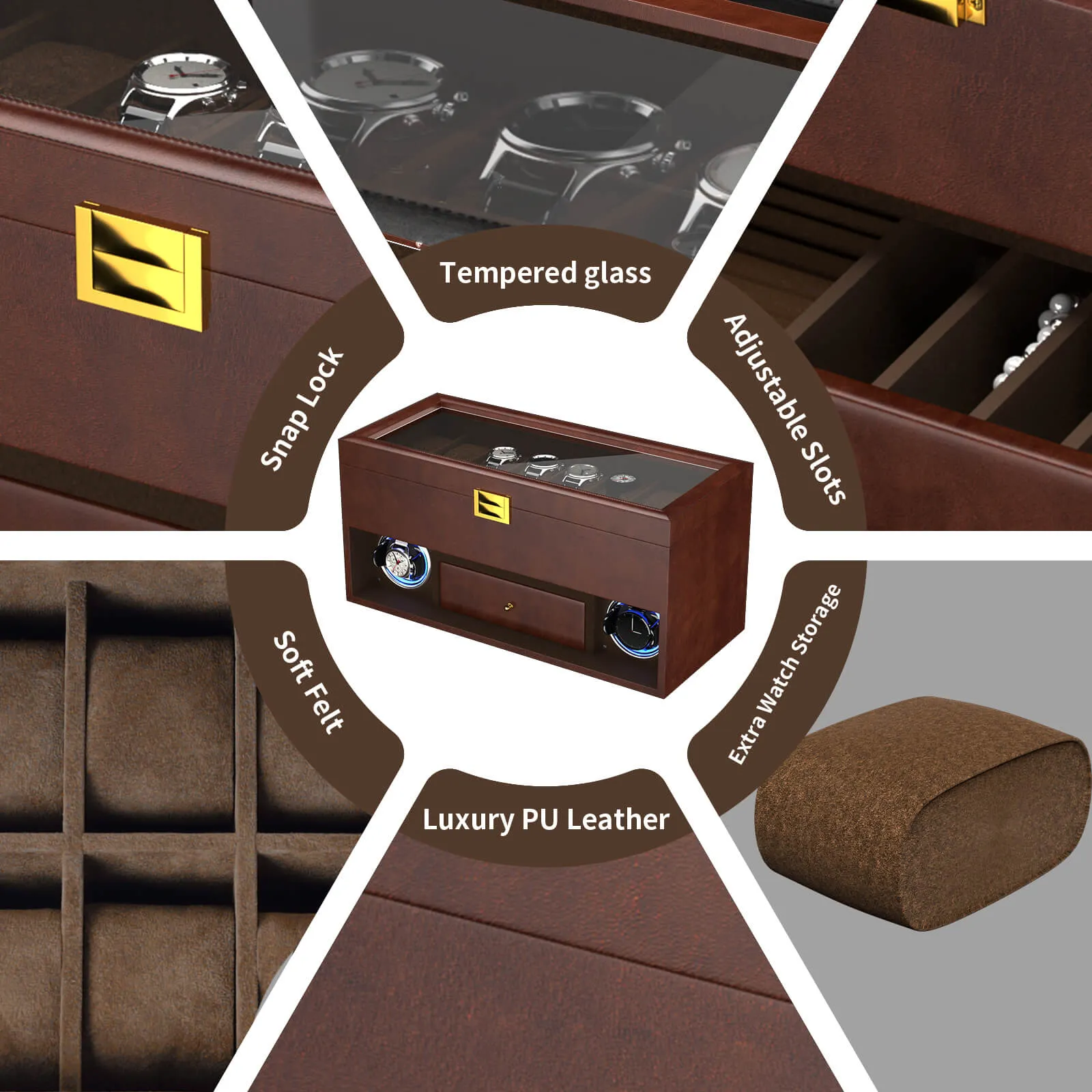 2 Watch Winder for Automatic Watches with 16 Extra Organizer Box LED Light Quiet Motors - Brown