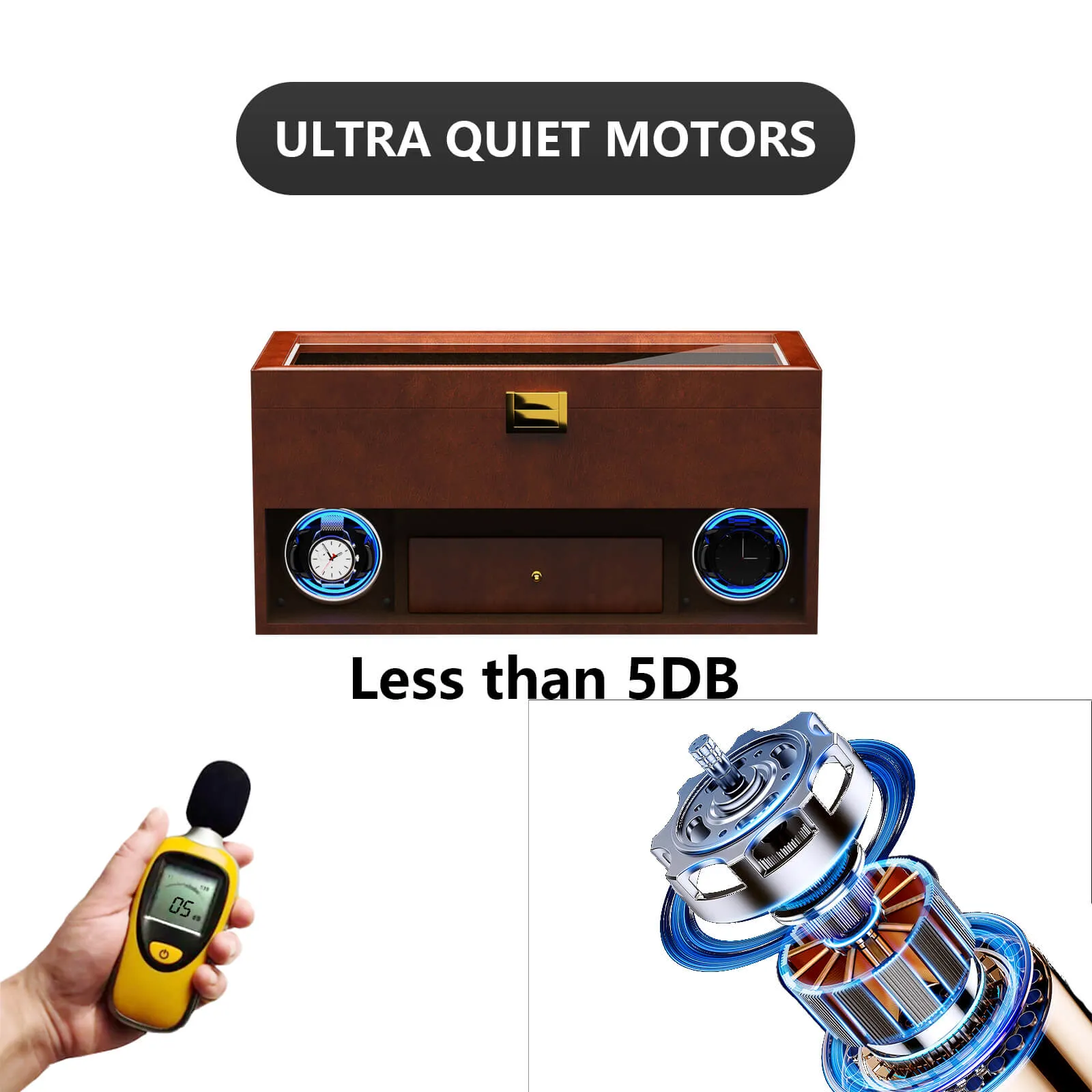 2 Watch Winder for Automatic Watches with 16 Extra Organizer Box LED Light Quiet Motors - Brown