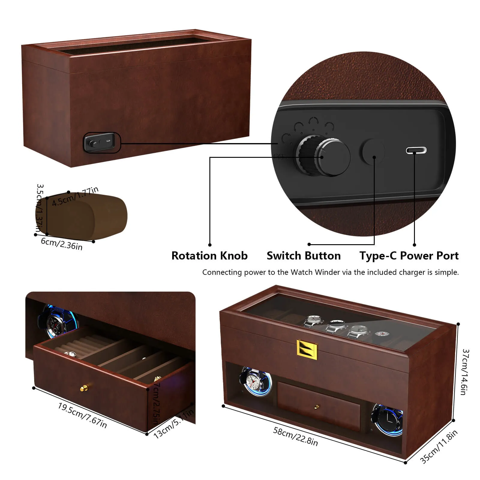 2 Watch Winder for Automatic Watches with 16 Extra Organizer Box LED Light Quiet Motors - Brown