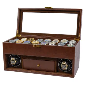 2 Watch Winder for Automatic Watches with 16 Extra Organizer Box LED Light Quiet Motors - Brown