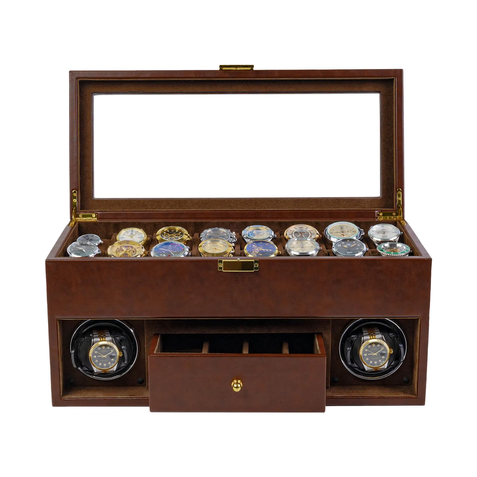 2 Watch Winder for Automatic Watches with 16 Extra Organizer Box LED Light Quiet Motors - Brown