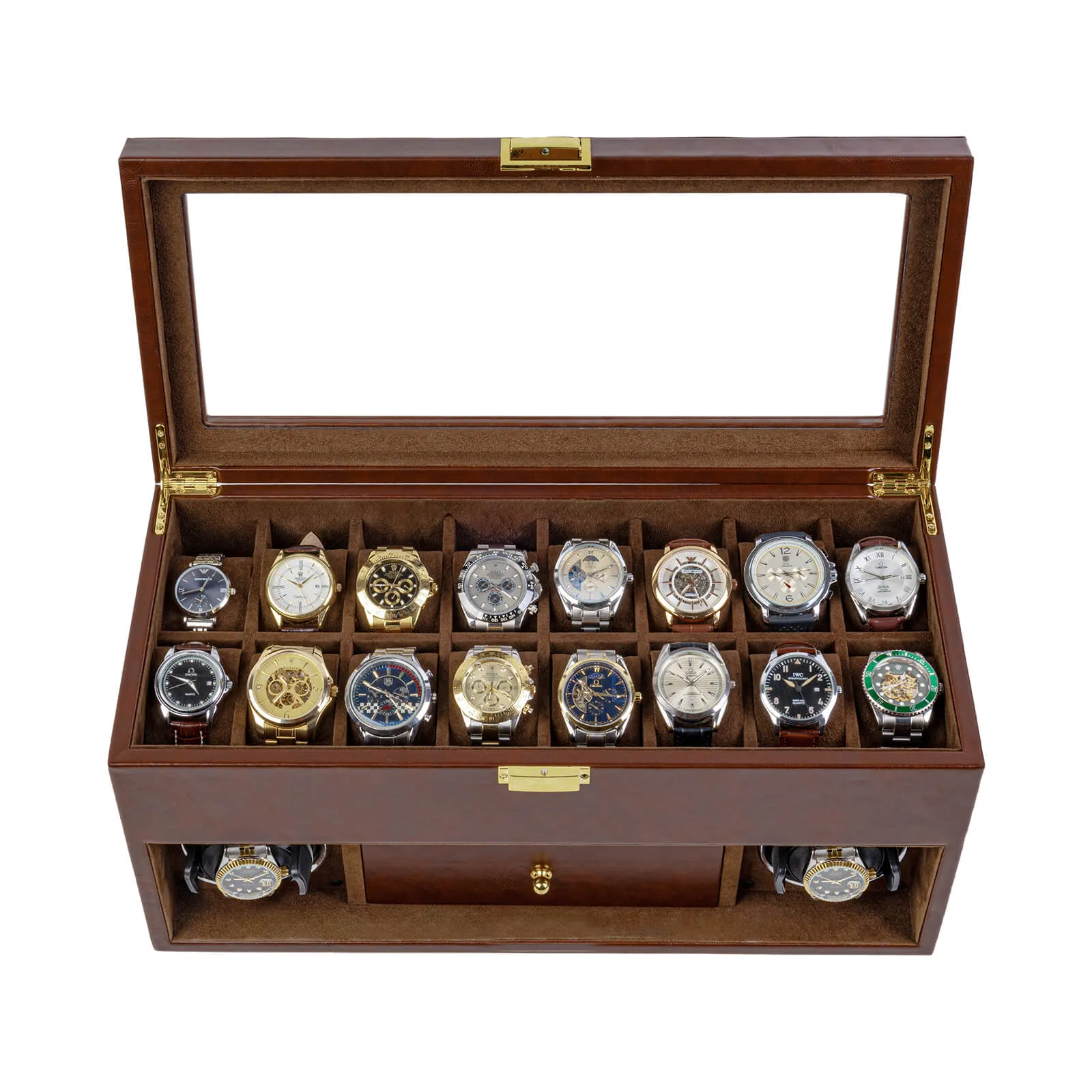 2 Watch Winder for Automatic Watches with 16 Extra Organizer Box LED Light Quiet Motors - Brown