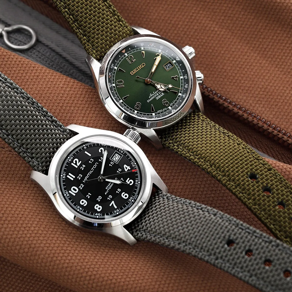 20mm, 21mm or 22mm Strong Texture Woven Nylon Military Grey Watch Strap, Polished