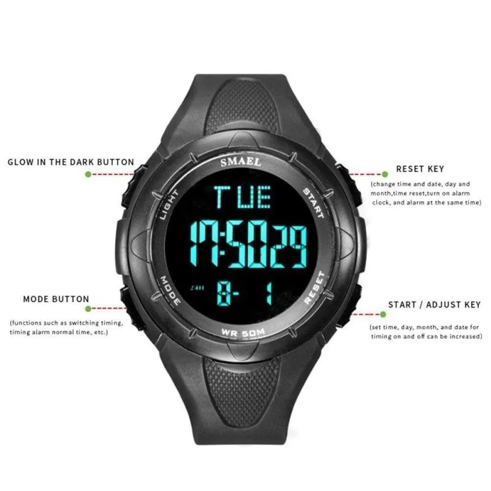 6 in 1 Men's 50m Waterproof Led Digital Wrist Watch Bracelet