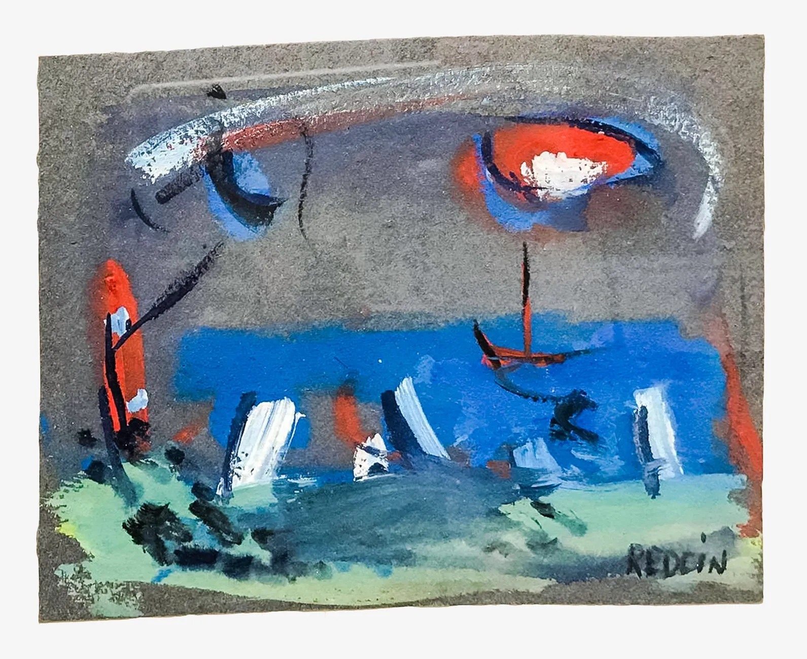 ALEXANDER REDEIN Abstract Seascape with Boats 1960s Oil on Paper- $5K APR w/CoA