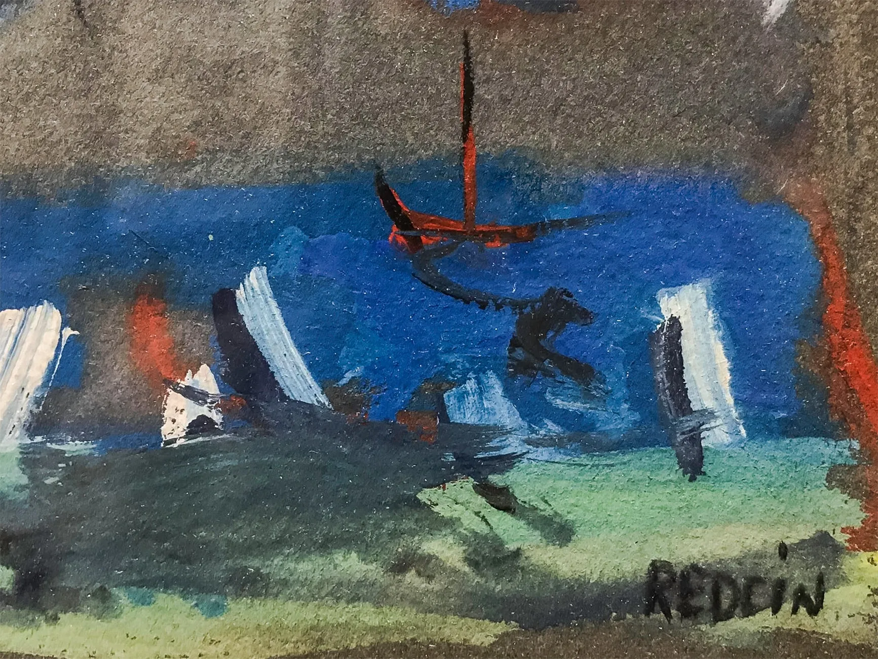ALEXANDER REDEIN Abstract Seascape with Boats 1960s Oil on Paper- $5K APR w/CoA
