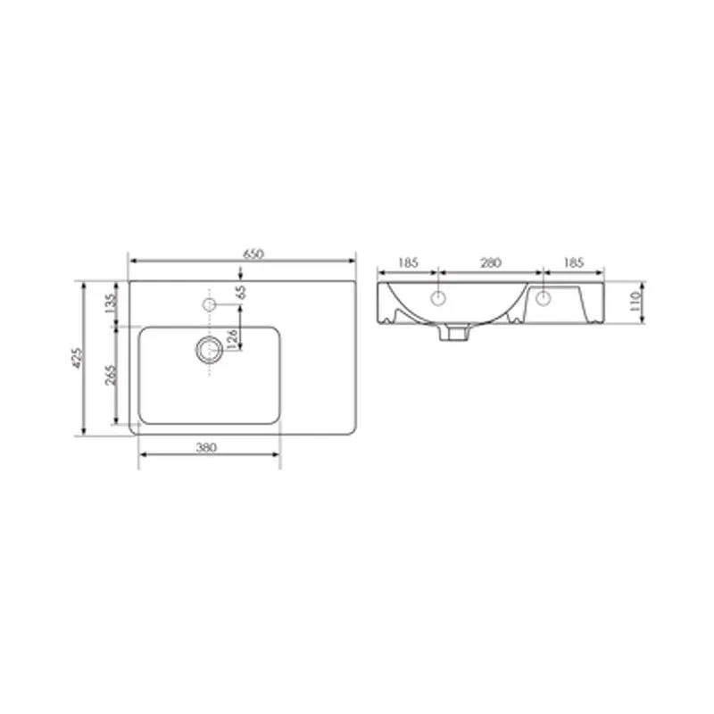 Argent Evo 650 Asymmetric Basin Left Hand Bowl RH Shelf - No Tap Hole - Gloss White