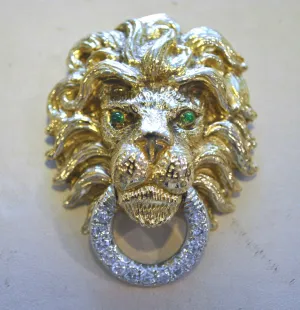 Beautiful 1960s 18K Yellow & White Gold Lion's Head Brooch/Pendant w/ Diamonds and Emeralds - $20K VALUE