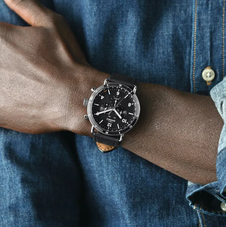Canfield Sport Watch - 45mm Black / Black Leather Strap