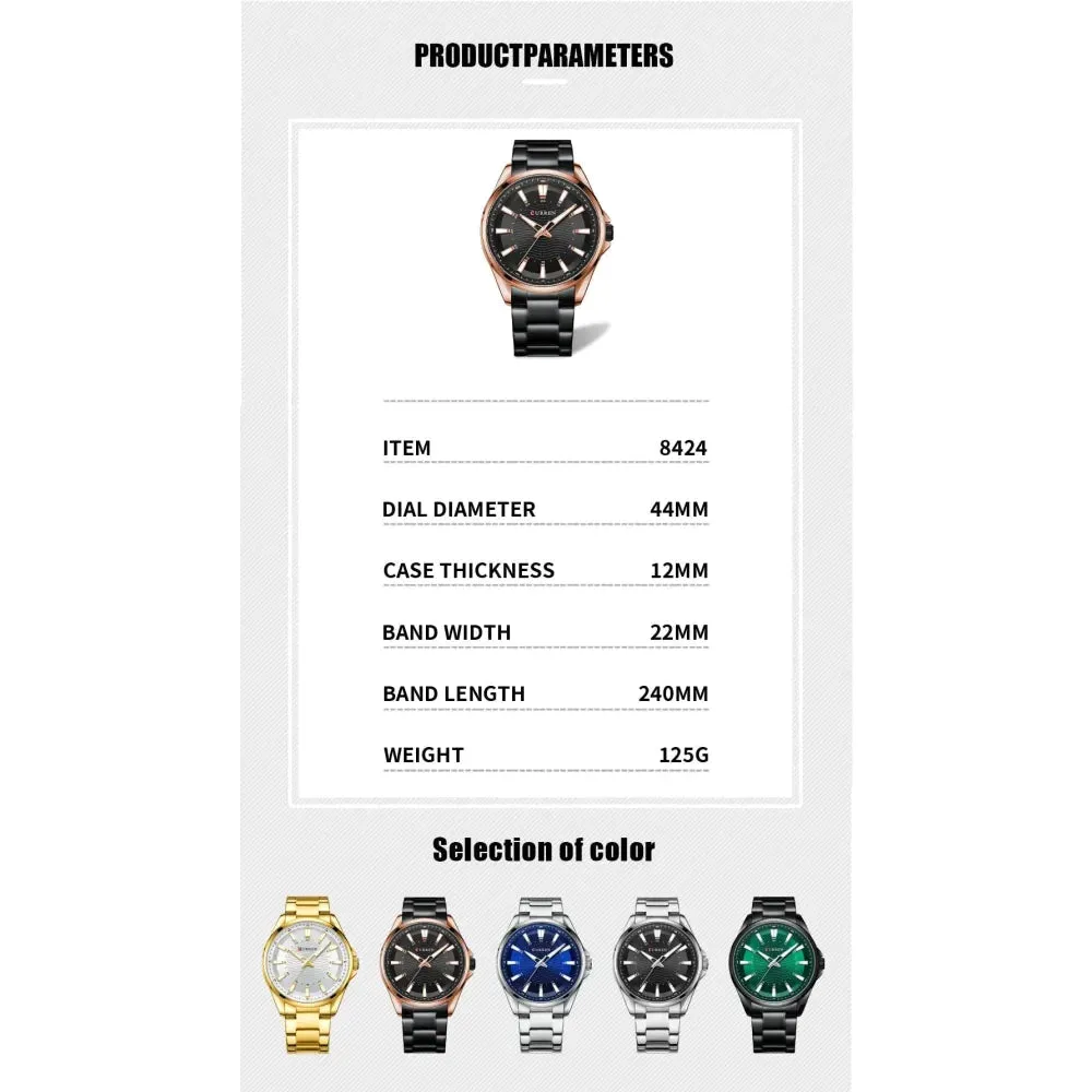 Casual Business Quartz Watches for Man Stainless Steel Band Black Wristwatches with 44 Mm Dial Luminous Hands