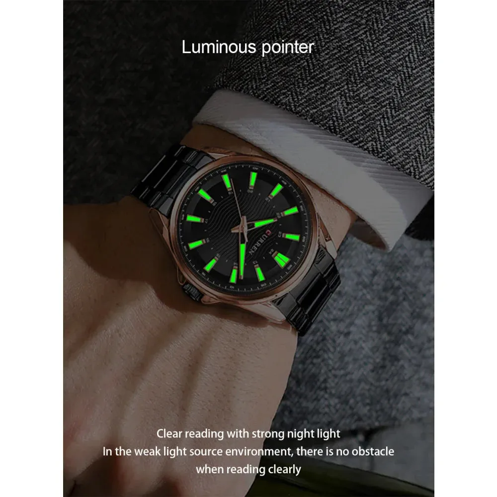 Casual Business Quartz Watches for Man Stainless Steel Band Black Wristwatches with 44 Mm Dial Luminous Hands