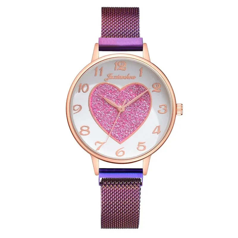Charming Love Heart Dial Quartz Watches with Star Charm Bracelet