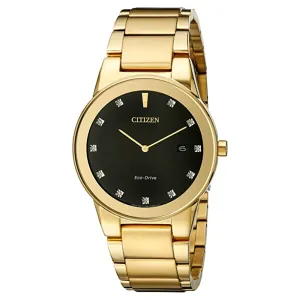 Citizen Mens Eco-Drive Axiom Diamond Black Dial Gold Band Stainless Steel Watch - AU1062-56G