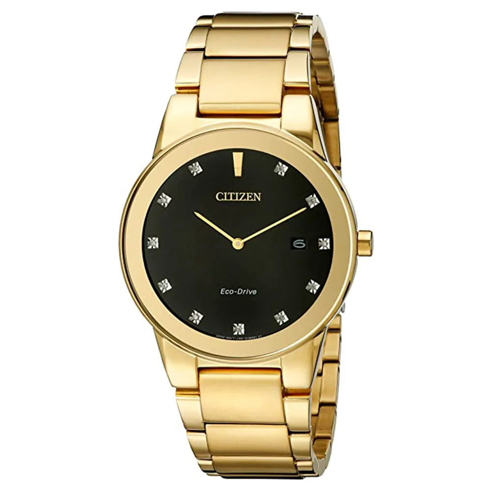 Citizen Mens Eco-Drive Axiom Diamond Black Dial Gold Band Stainless Steel Watch - AU1062-56G