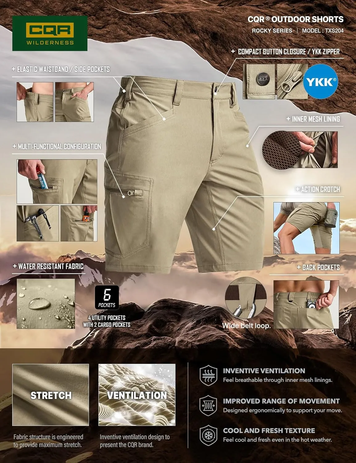 CQR Men's Quick Dry Stretch Hiking Cargo Shorts, Lightweight Water Resistant Tactical Casual, Golf & Outdoor with Pockets