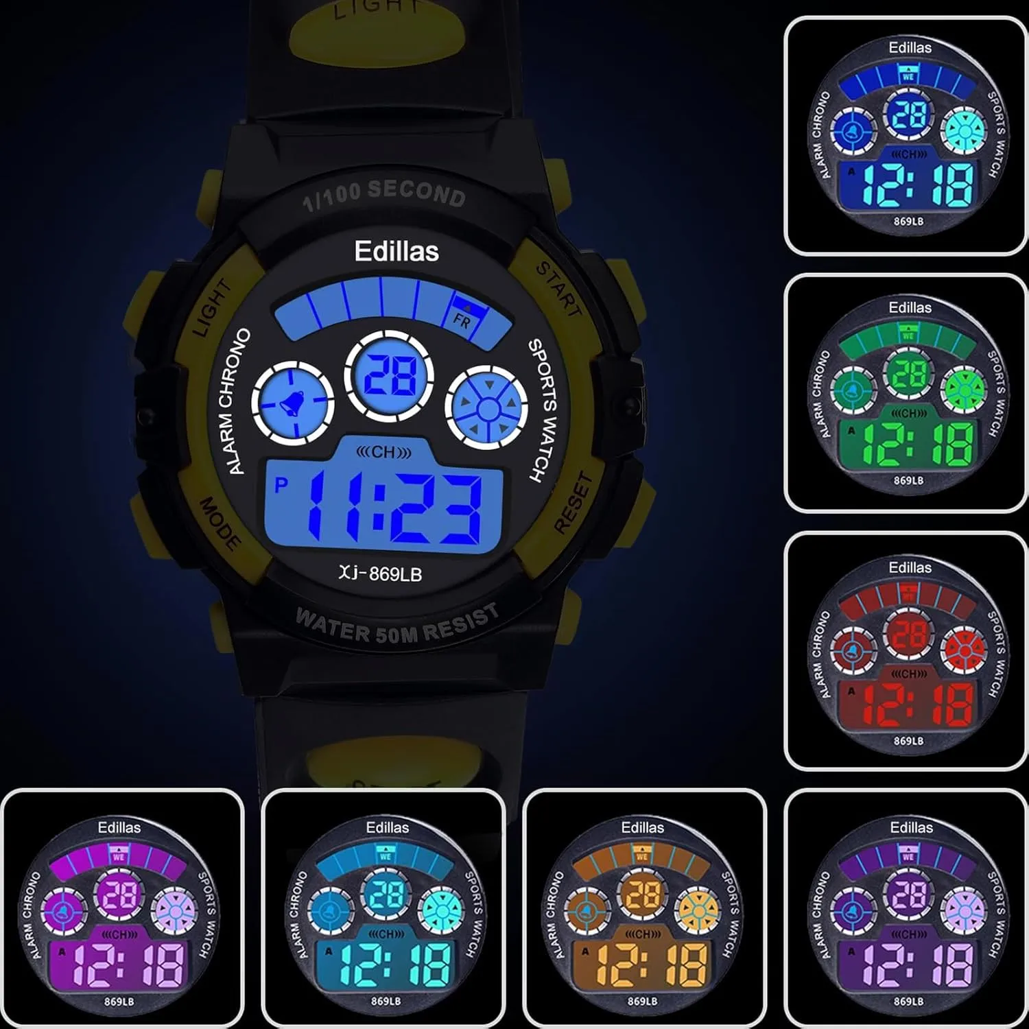 Edillas Kids Watches Boys Digital, 7 Colors LED Lights 50M Waterproof Wristwatches for Children Students Teenagers Sport Outdoor Multifunctional with Stopwatch/Alarm Ages 7-15
