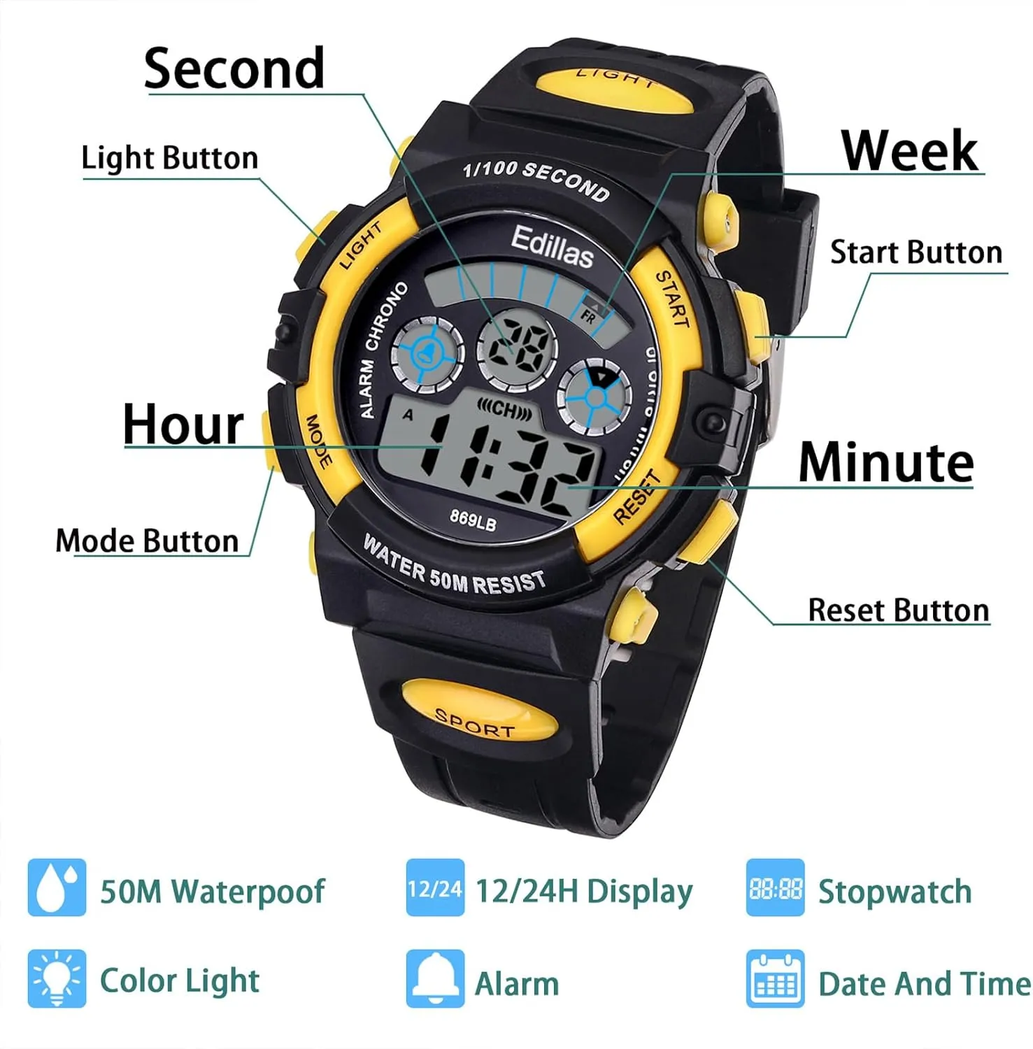 Edillas Kids Watches Boys Digital, 7 Colors LED Lights 50M Waterproof Wristwatches for Children Students Teenagers Sport Outdoor Multifunctional with Stopwatch/Alarm Ages 7-15