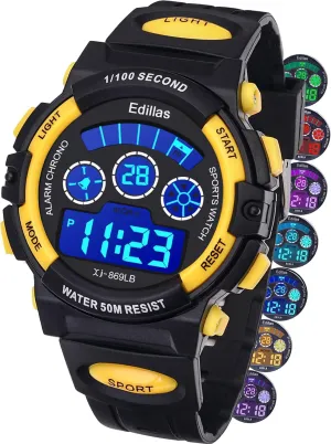 Edillas Kids Watches Boys Digital, 7 Colors LED Lights 50M Waterproof Wristwatches for Children Students Teenagers Sport Outdoor Multifunctional with Stopwatch/Alarm Ages 7-15