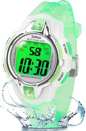 Edillas Kids Watches Boys Digital, 7 Colors LED Lights Waterproof Wristwatches for Children Students Teenagers Sport Outdoor Multifunctional with Stopwatch/Alarm for Ages 5-13