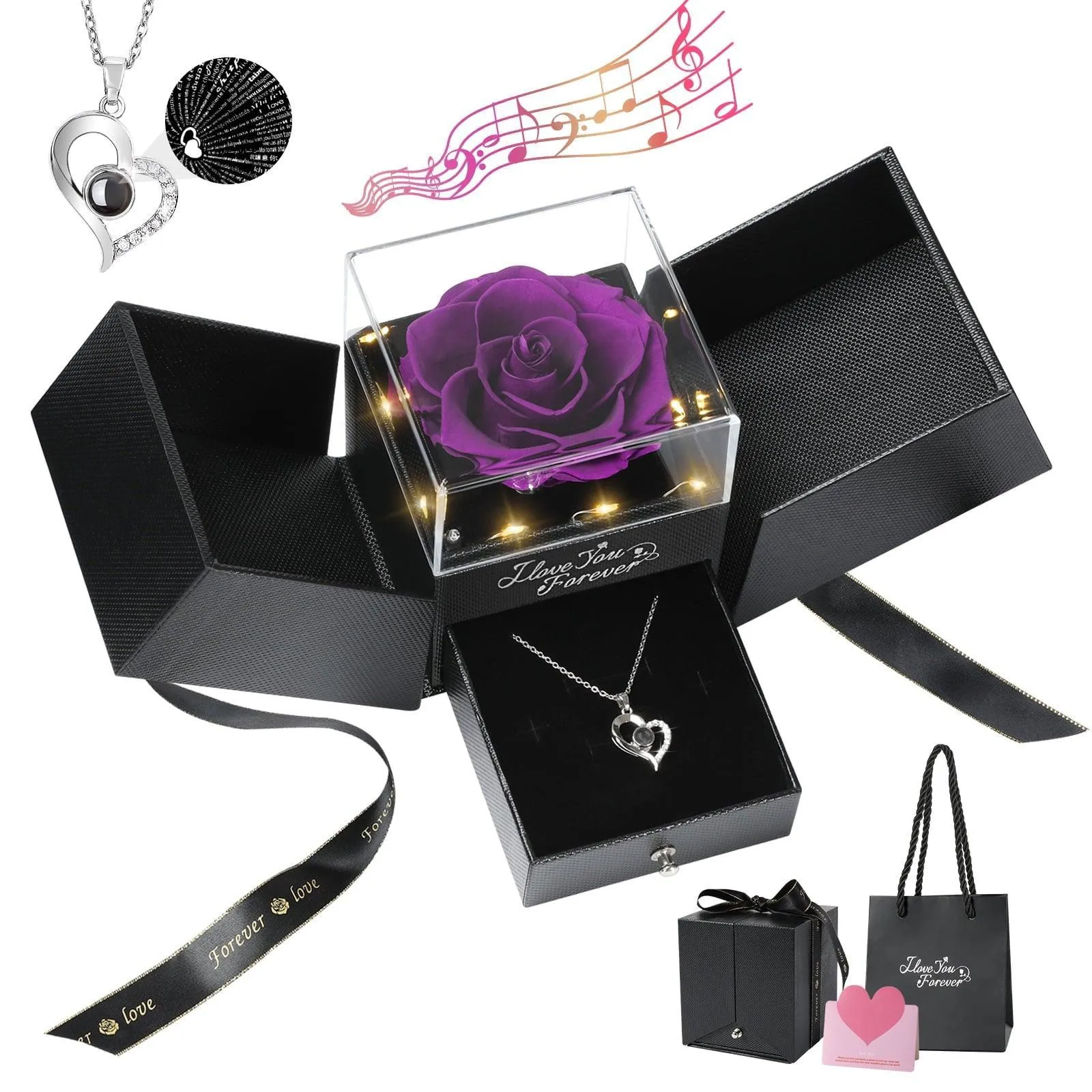 Emibele Preserved Rose Flower with Heart Necklace, Eternal Purple Real Rose with Music LED Lights for Her Women Wife Grandma Anniversary Birthday Romantic Valentines Mothers Day Gifts, Purple