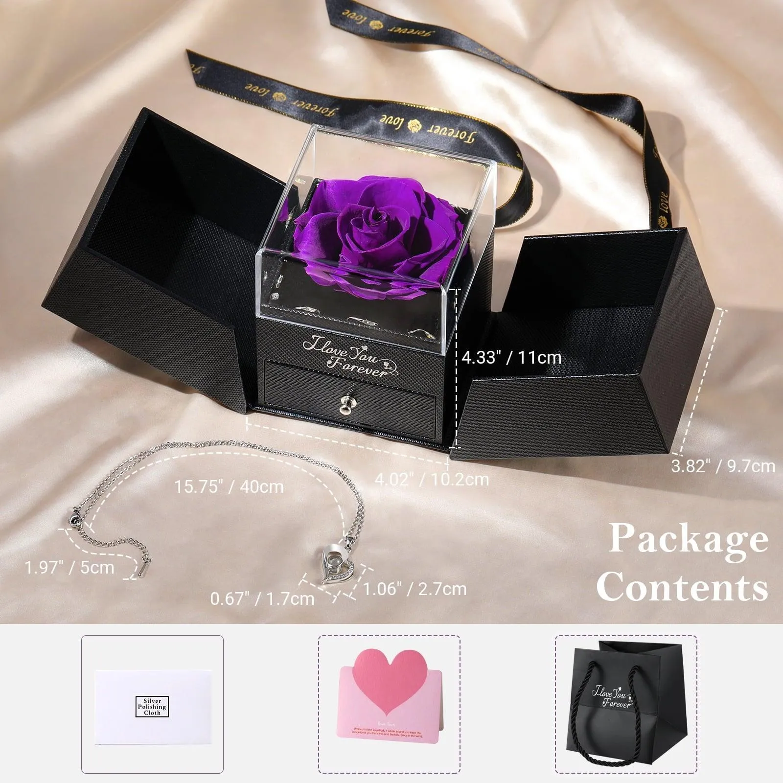 Emibele Preserved Rose Flower with Heart Necklace, Eternal Purple Real Rose with Music LED Lights for Her Women Wife Grandma Anniversary Birthday Romantic Valentines Mothers Day Gifts, Purple