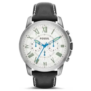 Fossil Men's Grant Chronograph Stainless Watch - Black Leather Strap - White Dial - FS4921