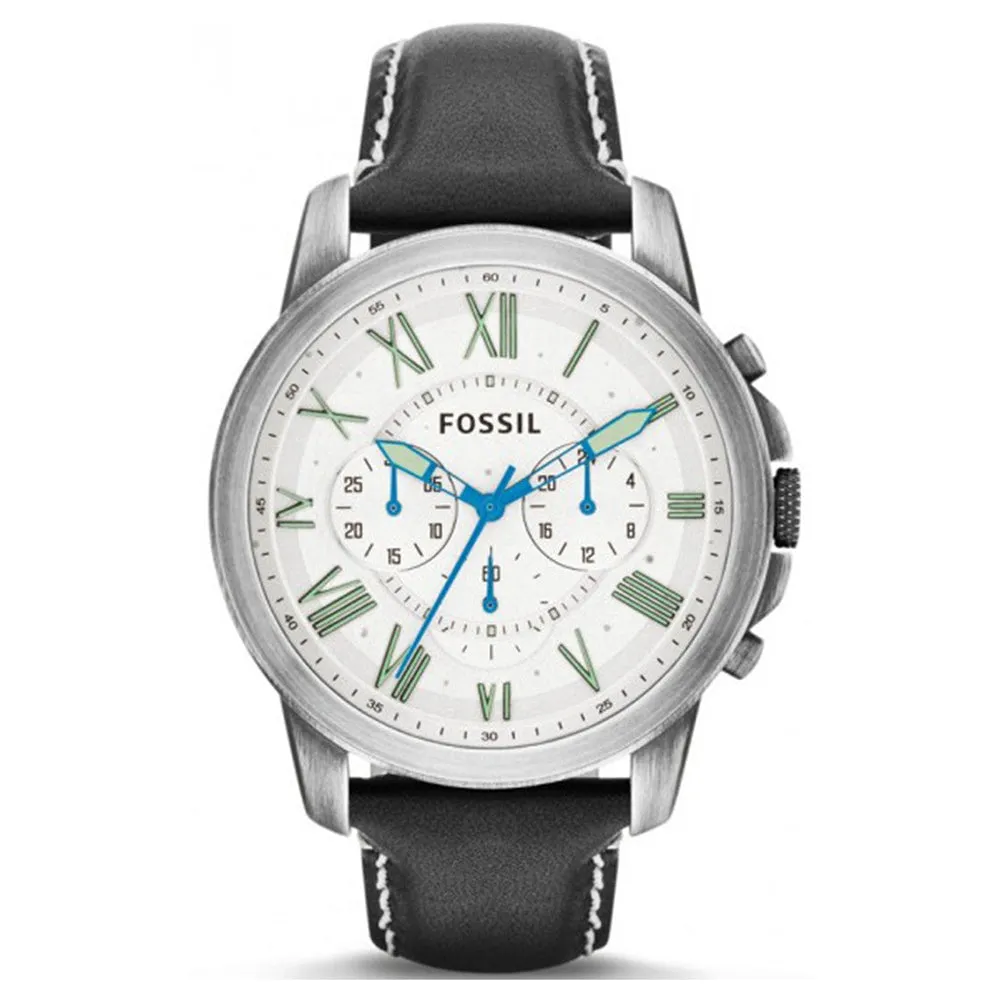 Fossil Men's Grant Chronograph Stainless Watch - Black Leather Strap - White Dial - FS4921
