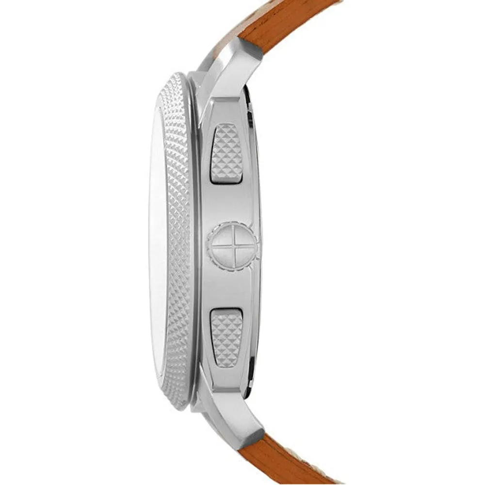 Fossil Mens Machine Chronograph Stainless Steel Case Leather Strap Beige Dial Silver Watch - FS5131
