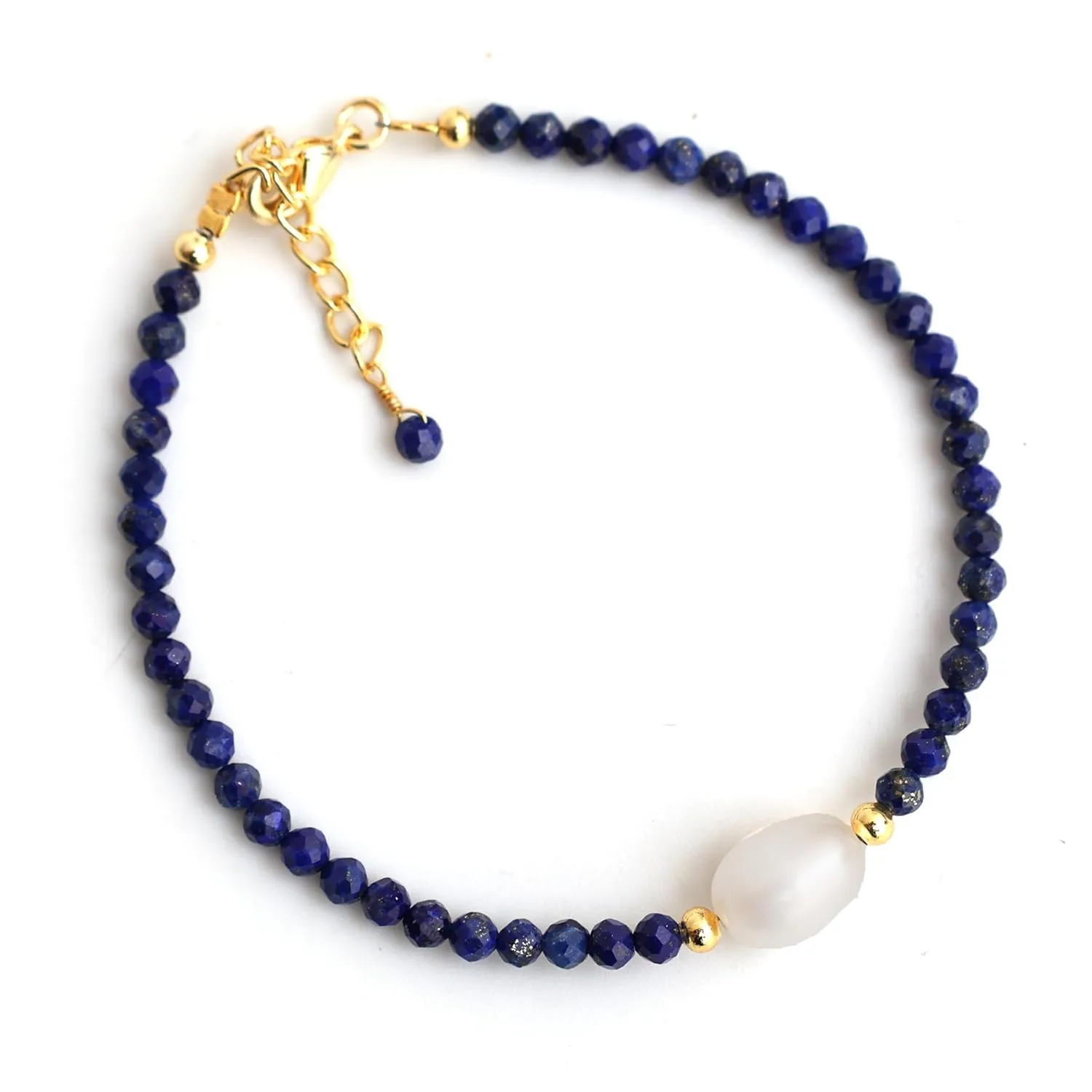 Gempires Blue Lapis Lazuli Beaded Bracelet with Freshwater Pearl Handmade Jewelry September Birthstone Gifts Hypoallergenic 7.5 Inch Gold Plated Everyday Wear Gemstone Bracelets
