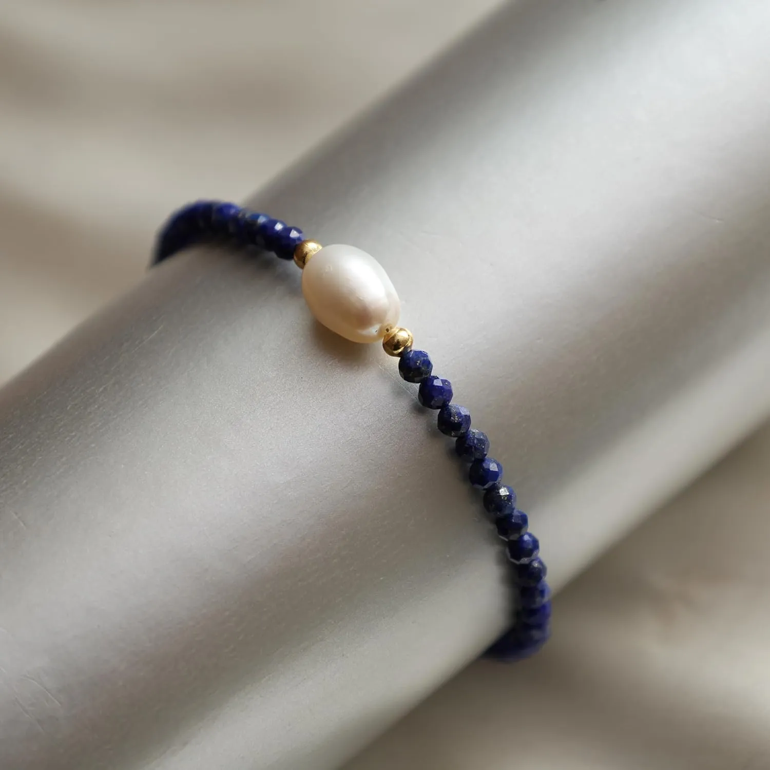 Gempires Blue Lapis Lazuli Beaded Bracelet with Freshwater Pearl Handmade Jewelry September Birthstone Gifts Hypoallergenic 7.5 Inch Gold Plated Everyday Wear Gemstone Bracelets