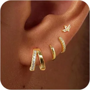 Gold Hoop Earrings Set for Women Trendy,14K Gold/Sterling Silver Plated Hypoallergenic Stud Earrings Set Cartilage Earrings for Multiple Piercing for Women Gold/Sliver Jewelry Gift for Mom