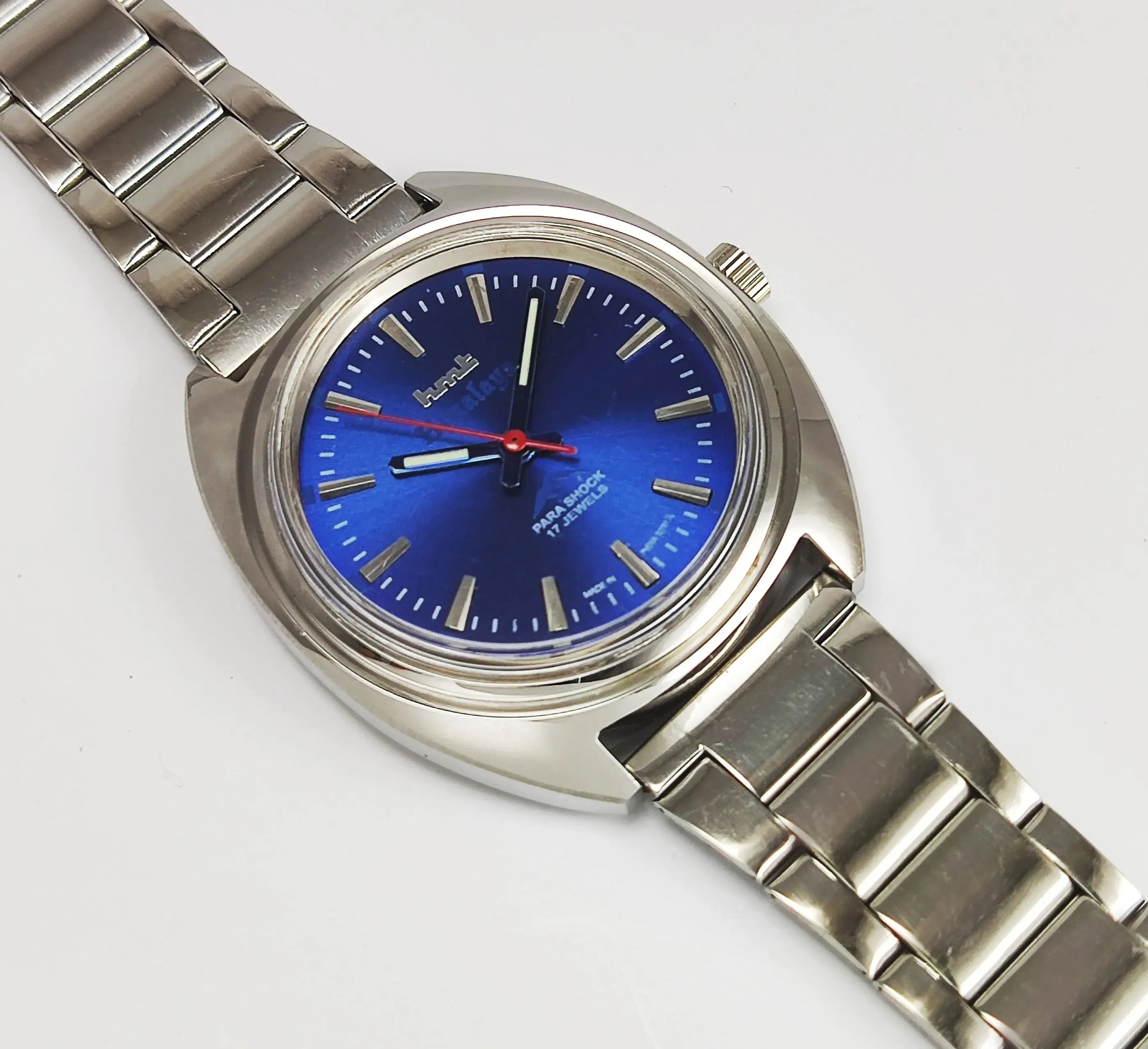 HMT Himalaya Para Shock 17 Jewels Blue Dial Transparent Back Mechanical Hand winding Men's Wrist Watch