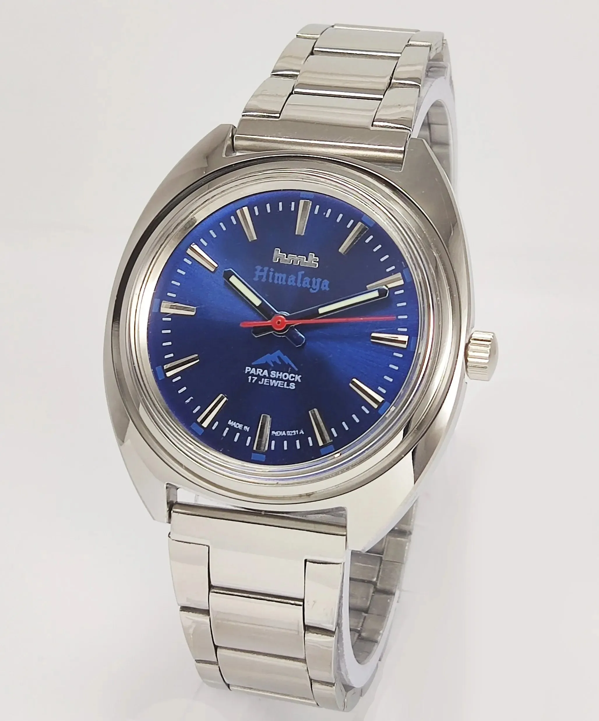 HMT Himalaya Para Shock 17 Jewels Blue Dial Transparent Back Mechanical Hand winding Men's Wrist Watch