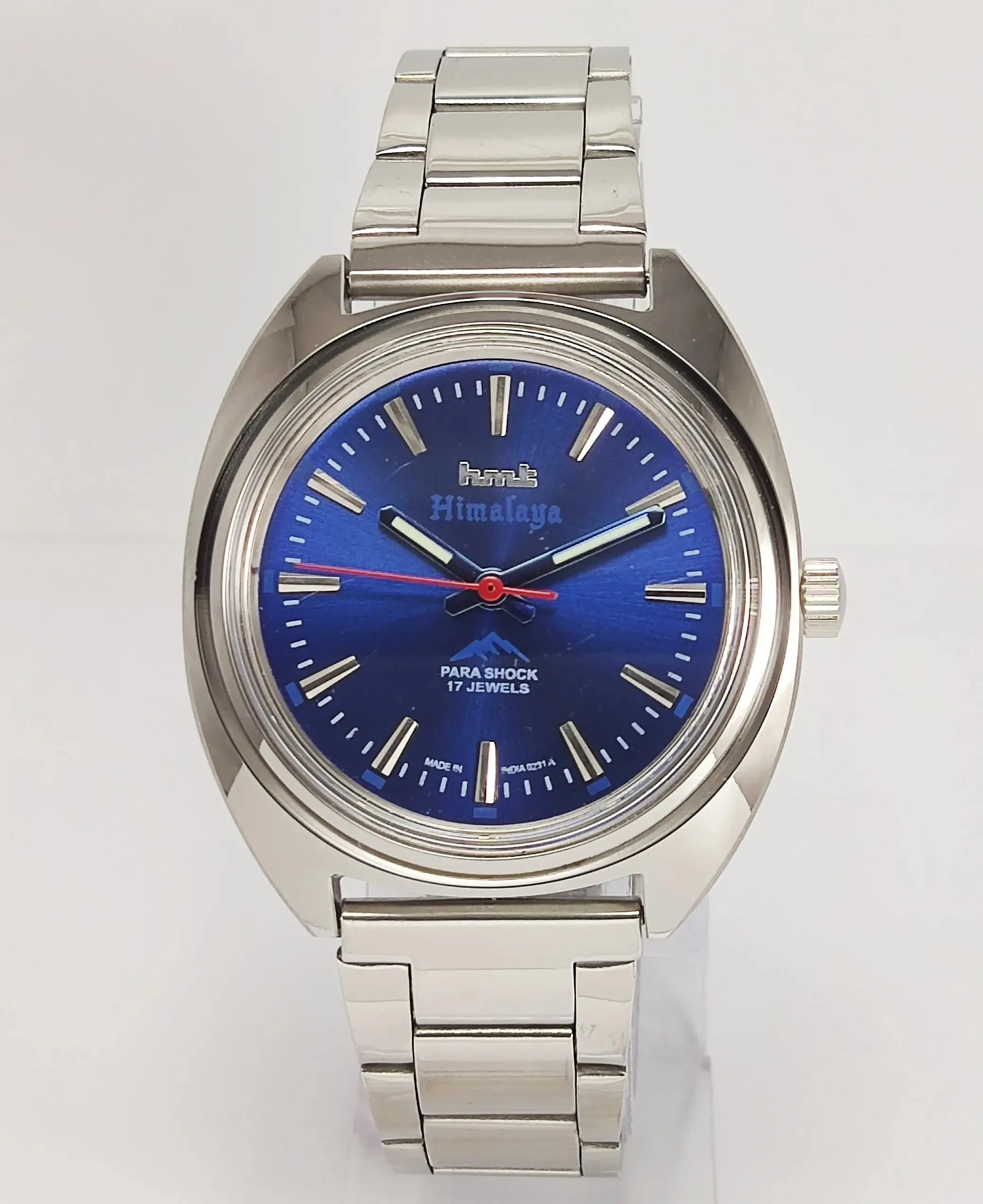 HMT Himalaya Para Shock 17 Jewels Blue Dial Transparent Back Mechanical Hand winding Men's Wrist Watch