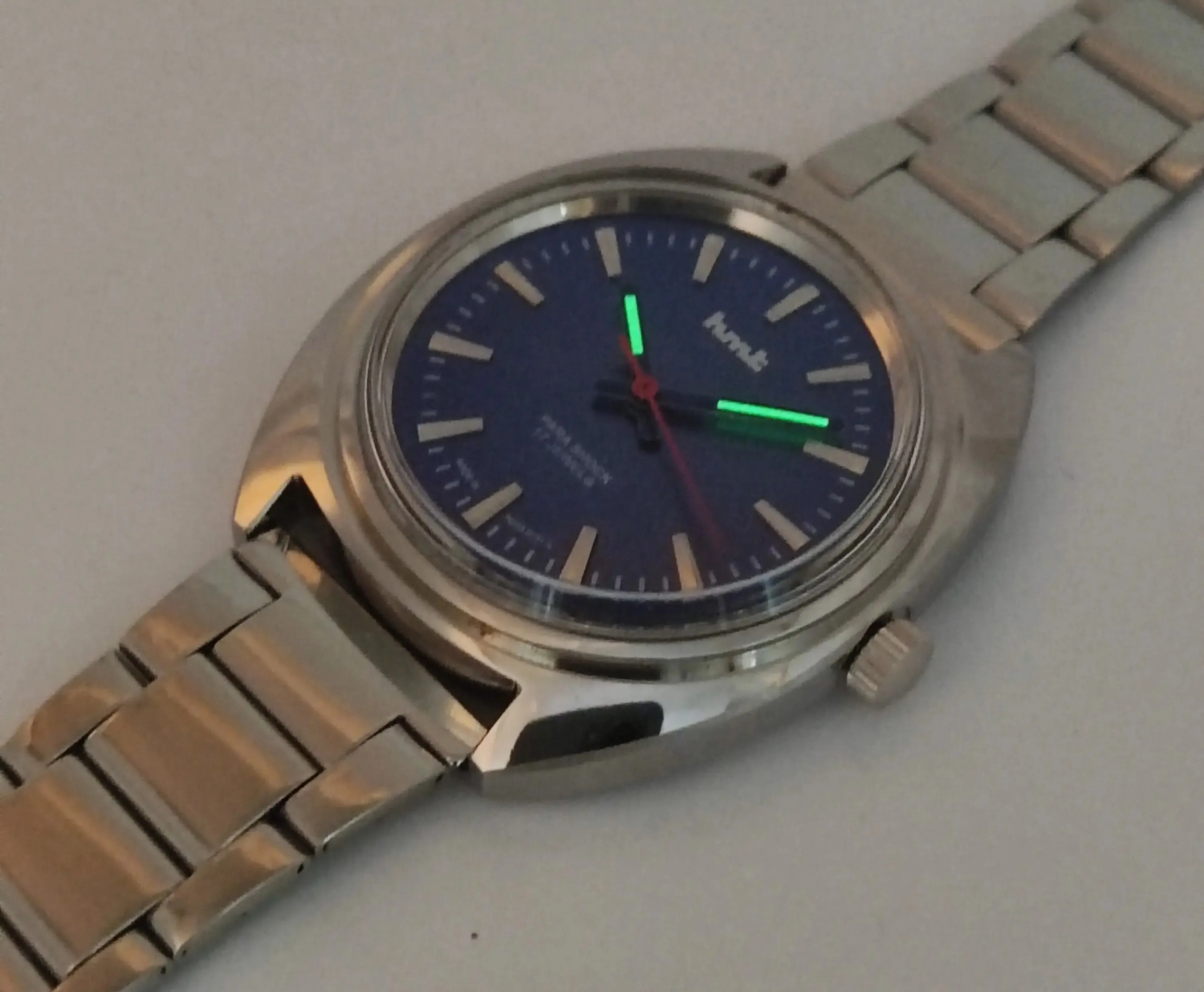 HMT Himalaya Para Shock 17 Jewels Blue Dial Transparent Back Mechanical Hand winding Men's Wrist Watch