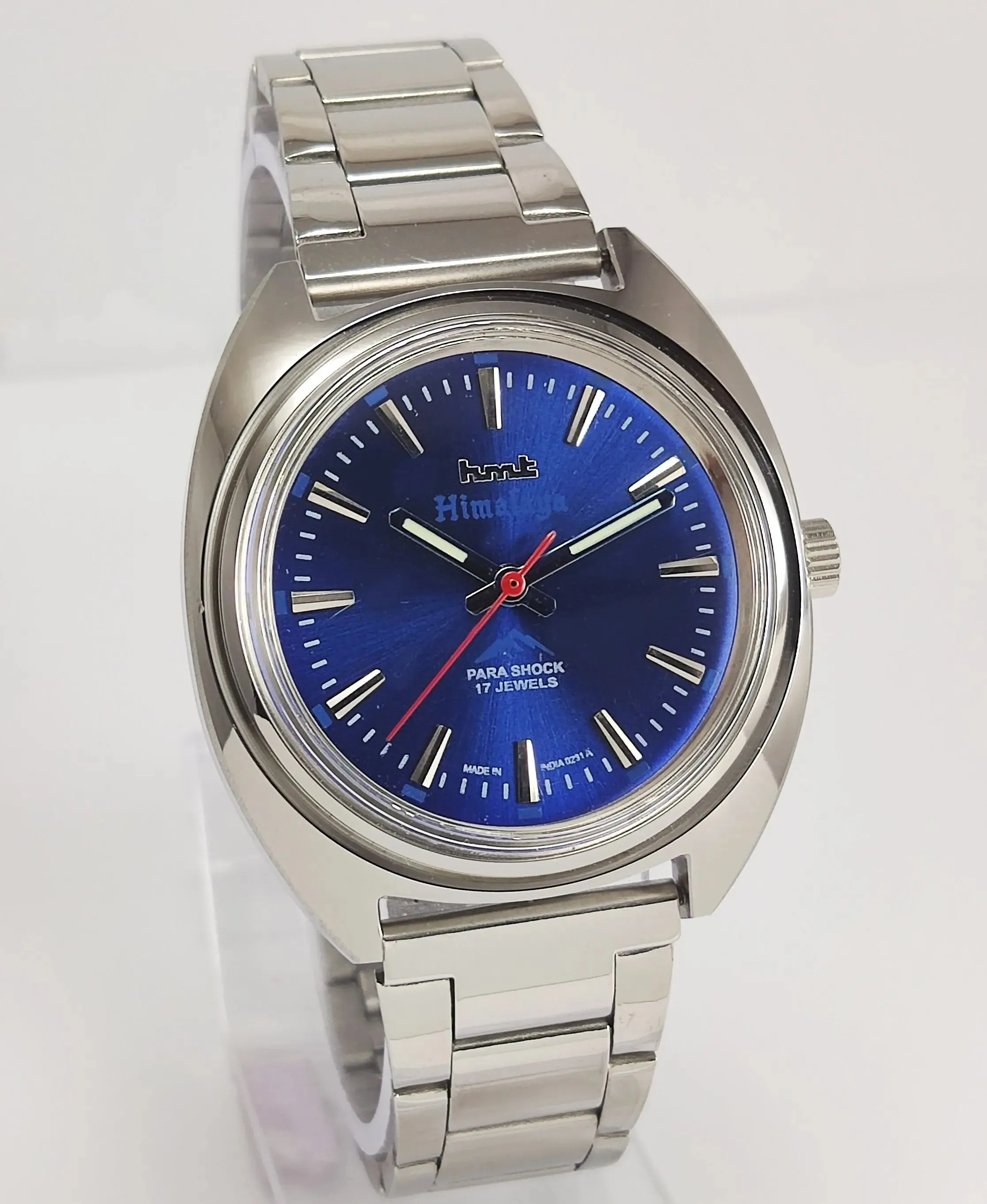 HMT Himalaya Para Shock 17 Jewels Blue Dial Transparent Back Mechanical Hand winding Men's Wrist Watch
