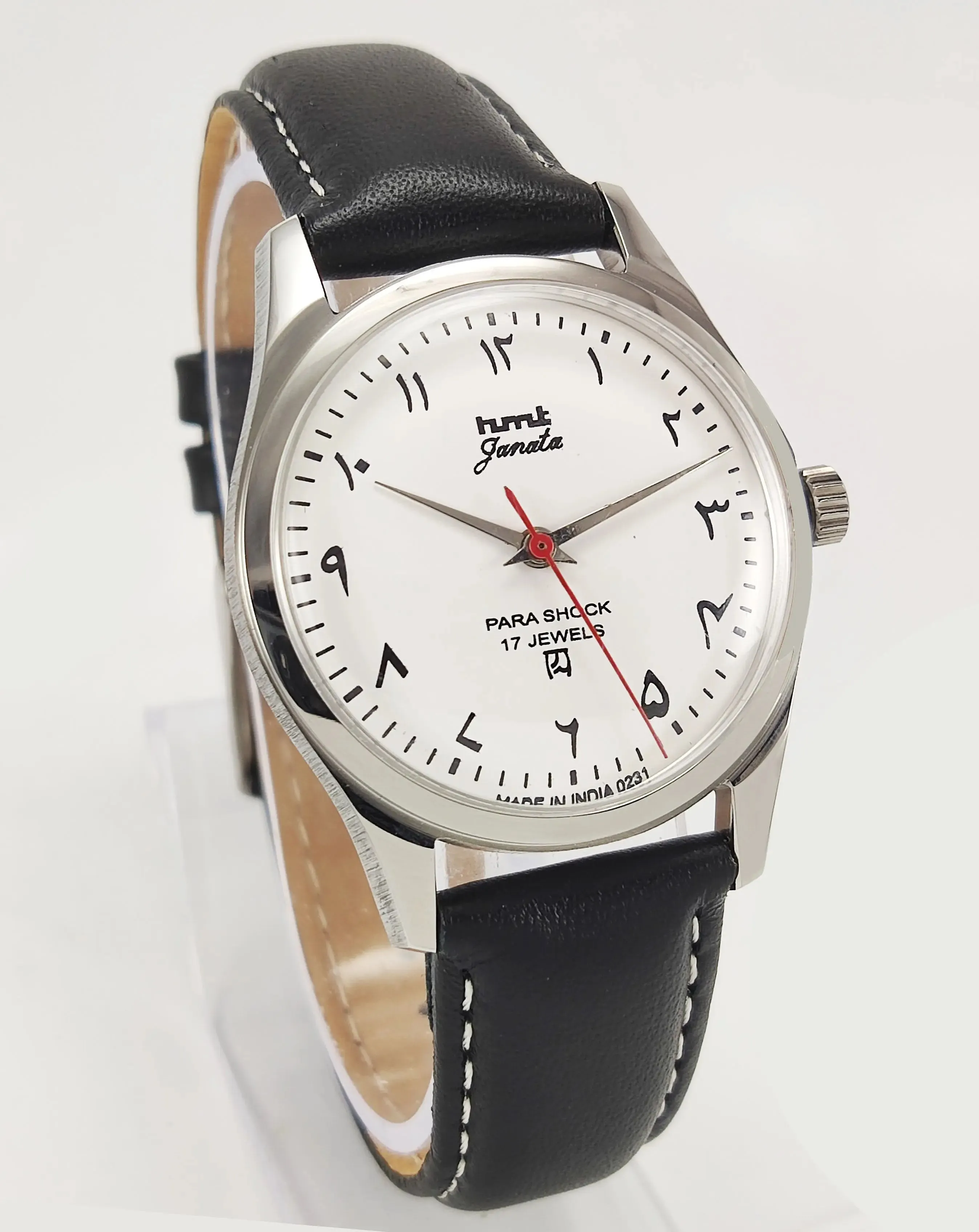 HMT Janata Para Shock 17 Jewels White Urdu Dial Transparent Back Mechanical Hand winding Men's Wrist Watch